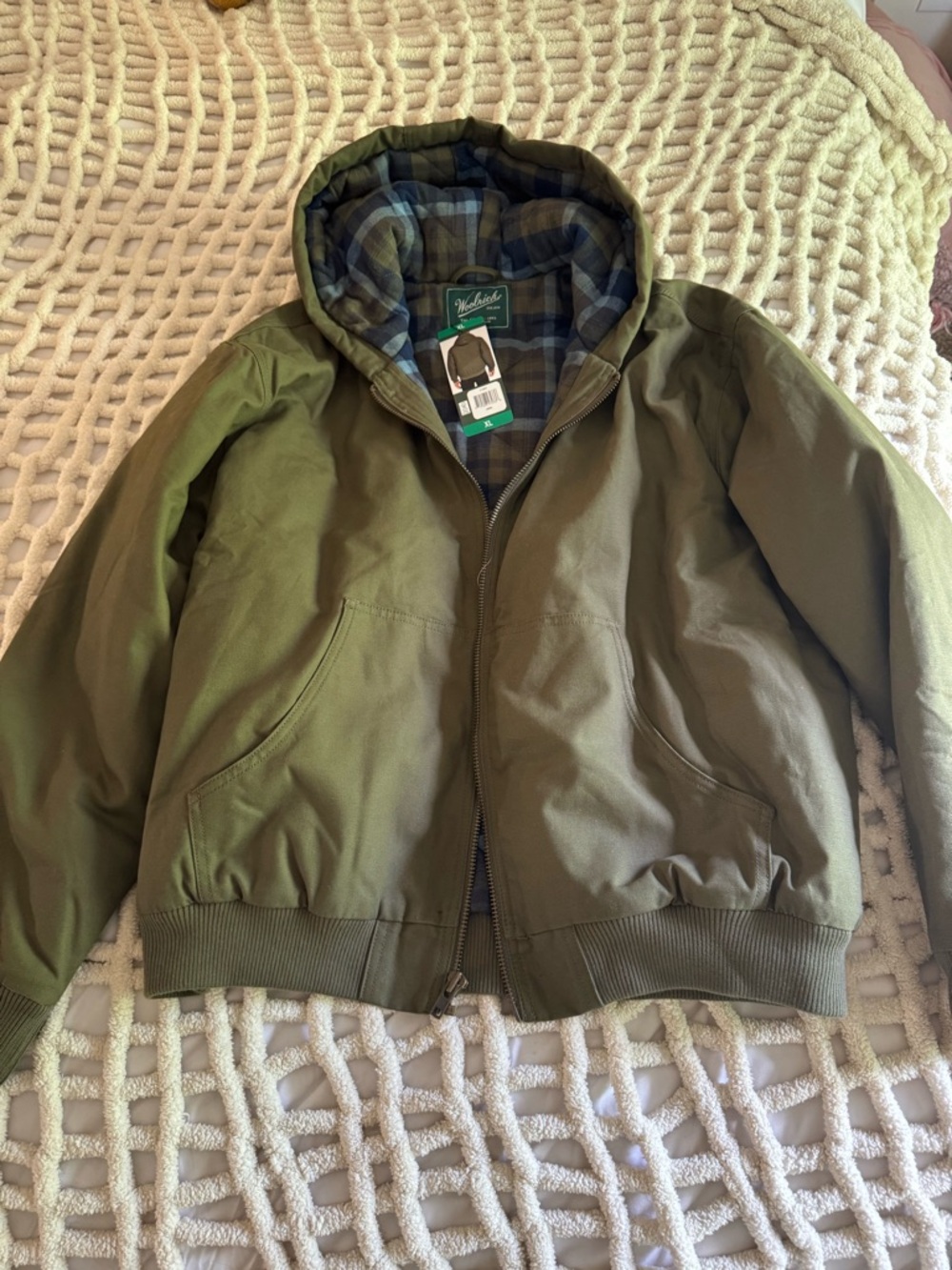 Woolrich Olive Green Hooded Bomber Jacket with Plaid Lining